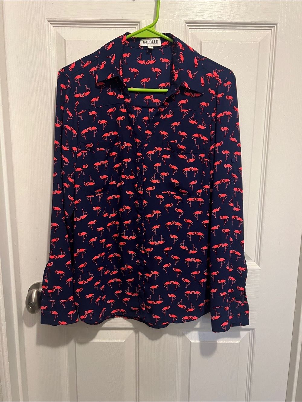 Express Navy Button-Down Shirt with Pink Flamingo Print